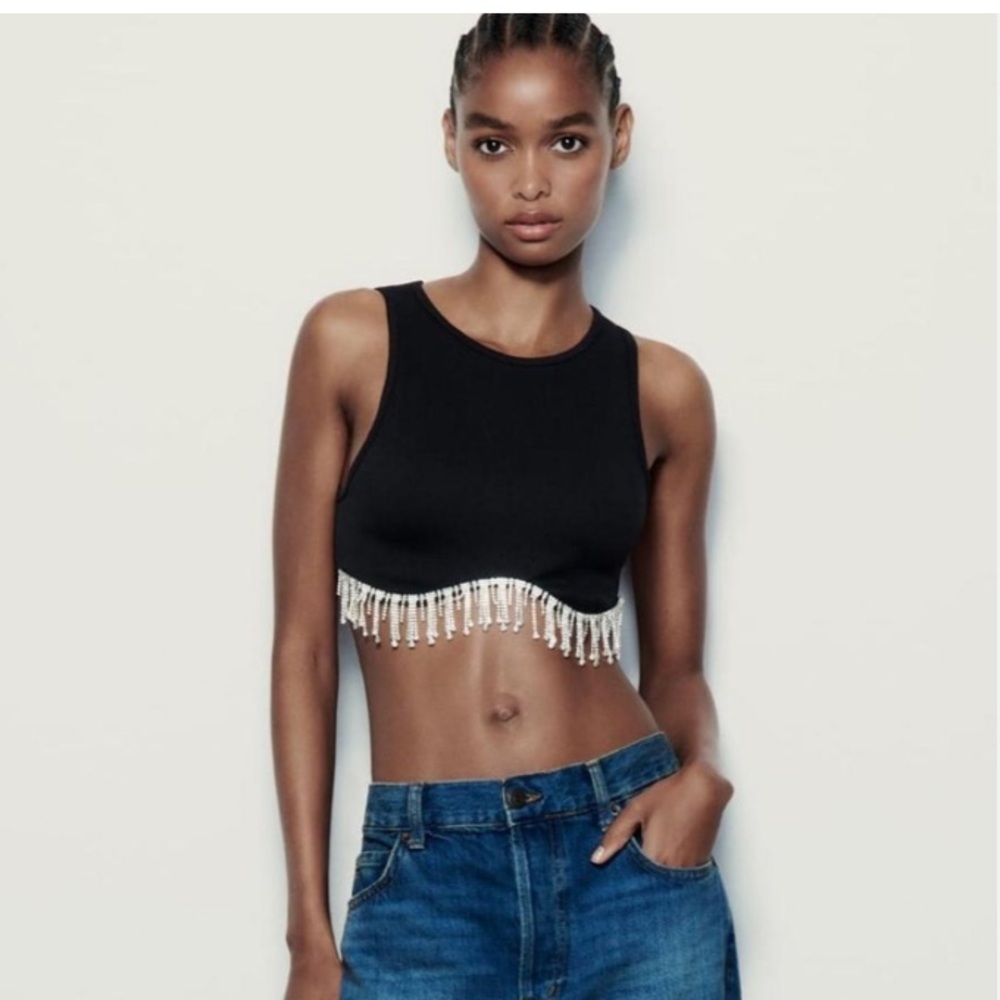 Forever 21 Rhinestone Fringe Ribbed Cropped Tank Top - Picture 1 of 17